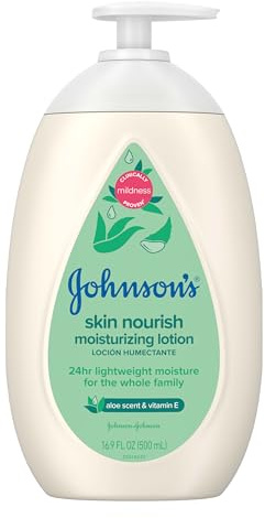 Johnson's Skin Nourish Moisturizing Baby Lotion with Aloe Vera Scent & Vitamin E, Gentle & Lightweight Body Lotion for The Whole Family, Hypoallergenic, Dye-Free, 16.9 fl. oz