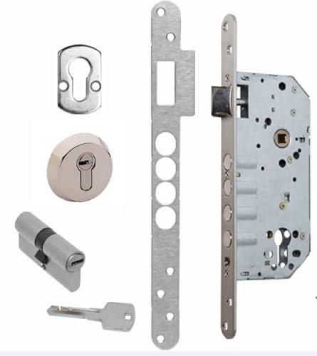 AZERODESIGN-Cerradura Embutir-Cerradura Seguridad-4 Bulones -Cerradura Exterior Puerta-Canto Redondeado-Cerradura Puerta-5 Llaves Incluidas-Orificio de Entrada de 50mm-Niquel Satinado