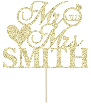 EDSG Personalised Wedding Cake Toppers, MR & MRS Wedding Cake Decorations, Double Sided Glitter Bride and Groom Anniversary Cake Toppers with Any Name Date (Champagne Gold)