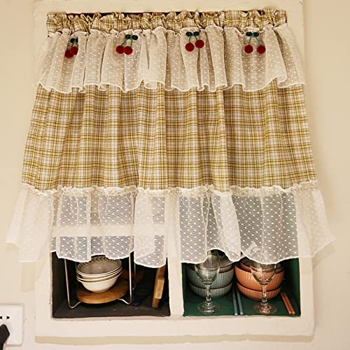 A.Monamour Gardine Scheibengardinen Kurzstores Bauernhaus Karierte Baumwolle mit Weißer Tüll Spitzen Rüsche Kurzgardinen Küchengardine Küchenvorhang Küche Vorhang Fenster Kurz Stores Bistrogardine