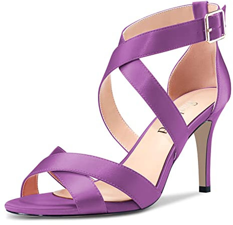 Saekcted Mujer Aguja Alto High Heel Correa Cruzada Sandalias Abierta Punta Correa Tobillo de Boda Fiesta Clear 8 CM Heels Morado 43 EU