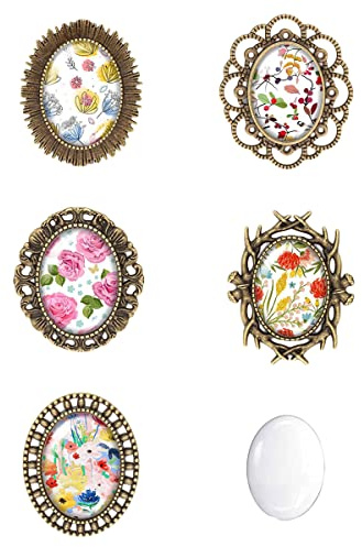 JKJF 5 Pcs Wedding Bouquet Photo Charm DIY Pin Brooch Boutonniere Making Kit Lacy Oval Frame Bridal Charm Graduation Memorial Photo Charm Clear Glass Cabochon Picture Frame for DIY Jewelry Crafts