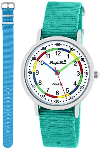 Pacific Time Kinderuhr Lernuhr Mädchen Einschulung Geschenk-Set | 2 Armbänder, 1–12-Lernzifferblatt und 5 ATM wasserdicht. Geschenk zur Einschulung, Geburtstag oder Weihnachten.