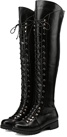 CRETUAO Femmes Genou Haute Botte Plate Croix Dentelle sur Cuir Cavalier Bottes Classique Bout Rond Bloc Talon fête Bottes Fermeture éclair côté équitation Bottes,Noir,45 EU