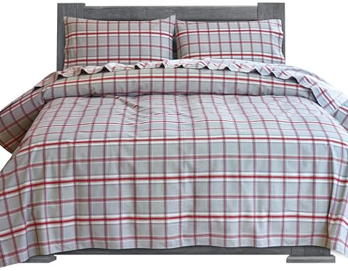 Elegant Comfort Soft 4-Piece 100% Turkish Cotton Flannel Sheet Set - Premium Quality, Deep Pocket Fitted Sheet, Ultra Soft, Cozy Warm Flannel Sheets - Cali King, Plaid Gray