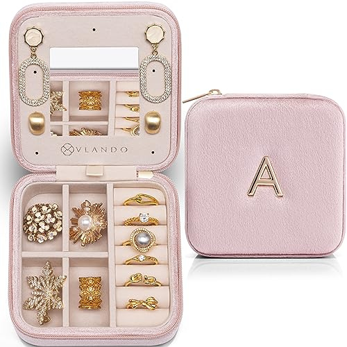 Vlando Mini Jewelry Travel Organizer Travel Jewelry Case, Personalized Initial Jewelry Boxes for Women Girls, Travel Essentials for Birthday Gifts for Friend Teen Girls - Letter A, Pink