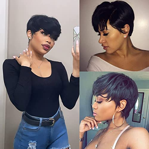 Fereowth Perruque Courte short Pixie Human Hair Wig with Bangs Perruque De Cheveux Humains lisse Brésilienne Cheveux avec Frange Naturelle Perruques pour Femmes (Noir)