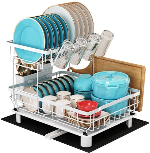 MAJALiS Dish Drying Rack, 2 Tier Dish Drainer Rack with Drip Tray and Drainer Mat, Stainless Steel Dish Rack with Utensil Holder, Swivel Spout, Draining Board for Kitchen Counter, White