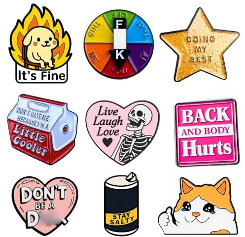 9PC Funny Enamel Pins Pack Cute Cool Fun Pin for Lapel Backpack Jacket Hat Bag Adult Teens Girls Boys, Small Buttons Unique Novelty Mood Assorted Cartoon Cheap Bulk Craft Supply Accessories Gifts