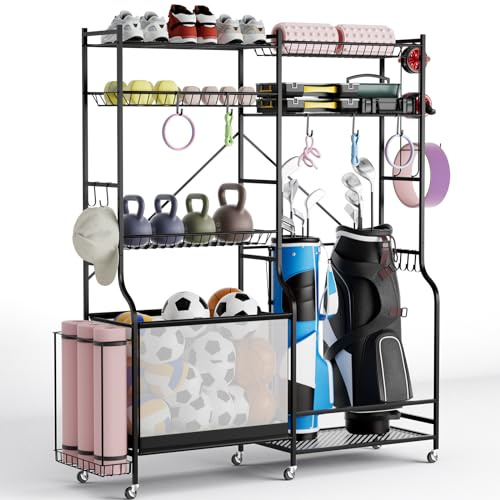 COSTWAY 5 in 1 Golf Organizer, Golfschläger Organizer mit Rollen, Garage Organizer aus Metall mit 5 verstellbaren Regalen & Ballkorb, Golftaschen Aufbewahrung mit 13 Haken für Golfbag Sportgeräte