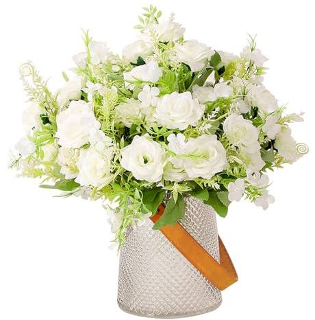 Taasmoog 3 Bundles Artificial Flowers Rose Artificial Flowers Outdoor UV Resistant Plants Faux Plastic Greenery Shrubs Indoor Outside Hanging Planter for Home Wedding Office Table (White)