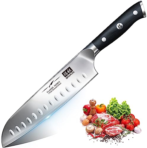 SHAN ZU Couteau Santoku Couteaux de Cuisine Acier Inoxydable Allemand Couteau Japonais 18CM Couteau de Chef Professionnel, Manche en Bois Pakka, Lame Super Tranchante