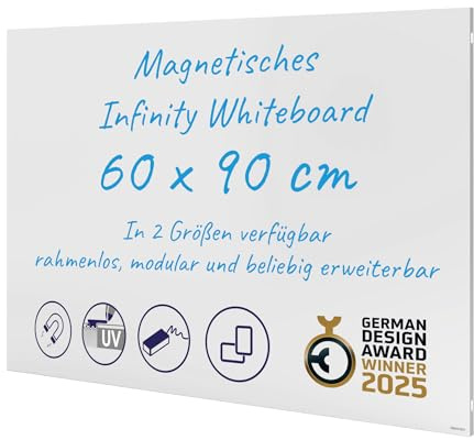 FRANKEN Infinity Whiteboard, Magnetische Schreibtafel ohne Rahmen, 90 x 60 cm, Direktes Zusammenfügen mehrerer Tafeln und Hoch-/ Querformat möglich, Für Büro & Home Office, Stahl-Oberfläche, SCM6102