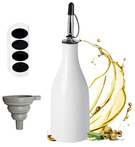 DUOHERESHUI Öl Flaschen, Olivenöl Flasche, Keramik Olivenölspender, Olivenöl Ölspender, Ölflasche Mit Ausgießer, Mit Trichter Und Etiketten, Für Küche Grill Pasta Salate Backen, 300 ML, Weiß