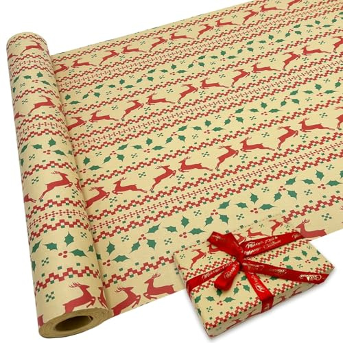 Papier cadeau Kraft de Noël: rouleau de papier cadeau motif festif recyclable 43cm x 15m