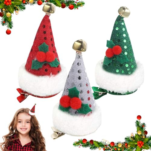 Weihnachts Haarschmuck Mini, 3 Stück Weihnachtsmütze Haarklammern Weihnachten Hut Haarspange mit Weihnachtsmütze,Glitzer Nikolausmütze auf Haarklammer Weihnachts Haarclips für Mädchen Damen