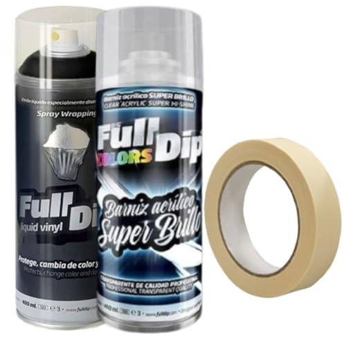 AutoFullCar - Full Dip Vinilo Líquido - 1 Spray Full Dip Negro Mate 400 ml + 1 Spray Barníz Acrílico Brillo + 1 Cinta Carrocero 24 mm - Ideal Para Pintar Logos, Insignias, Retrovisores (Negro Brillo)