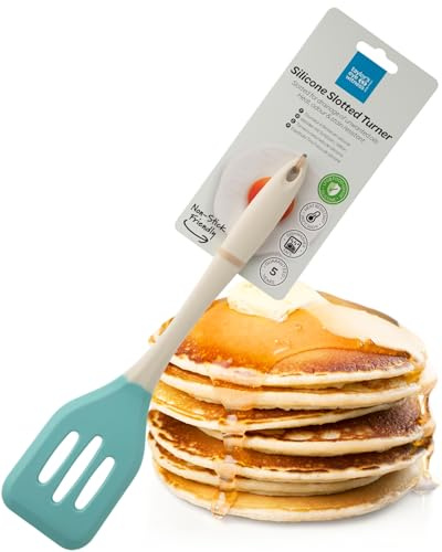 Taylors Eye Witness Large Silicone Buttermilk & Turquoise Slotted Spatula - Dishwasher Safe. For Non-Stick Frying Pans. Slotted For Drainage. Odour, Stain, Heat Resistant(260°C/500°F) 5 Year Guarantee