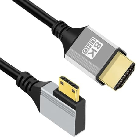 CY Câble mini HDMI 2.1 ultra fin coudé à 90° vers la gauche 8K 4K Type-A vers Type-C flexible pour caméra HDTV 50 cm