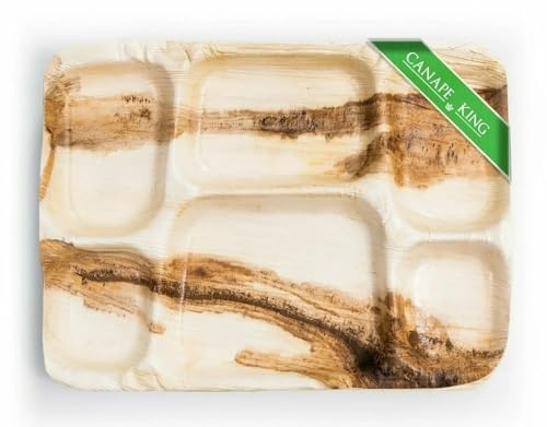 Canape King Palm Leaf Disposable Thali Plates 50 Pcs - 100% Natural and Biodegradable Food Serving Dinner Compartment Plates (35x25cm) - for BBQ Picnic Christmas Party Indian Nacho