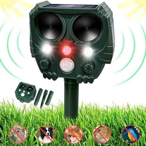 Joomouney Cat Repellent Garden,Ultrasonic Cat Deterrent Solar Animal Scarer Deterrent with PIR Sensor & Flash Light 5 Modes USB Charging, IPX4 Waterproof Animal Repellent for Cat, Dog, Fox, Bird