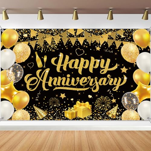 Aurmonigo Decoración de telón de fondo de feliz aniversario, pancarta de fiesta negra y dorada, fondo de aniversario, boda, cumpleaños, 180 x 120 cm, cartel de tela para mujeres y hombres, suministros