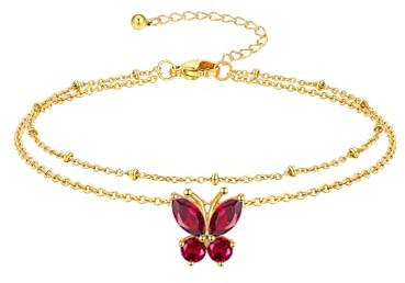 Richsteel Papillon avec 12 Pierres au Choix Bracelet de Cheville Double en Acier Inoxydable, Chaîne O de Argent/Or/Noir, Longueur de 22 + 5 cm Réglable