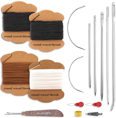 Professional Furniture Repair Sewing Kit - 4 Rolls 22-Yard Round Waxed Thread (Black×2/White×1/Brown×1) + 7 Industrial Needles & 4 Tools for Leather, Canvas, Quilting, Sofa Stitching & DIY Crafts