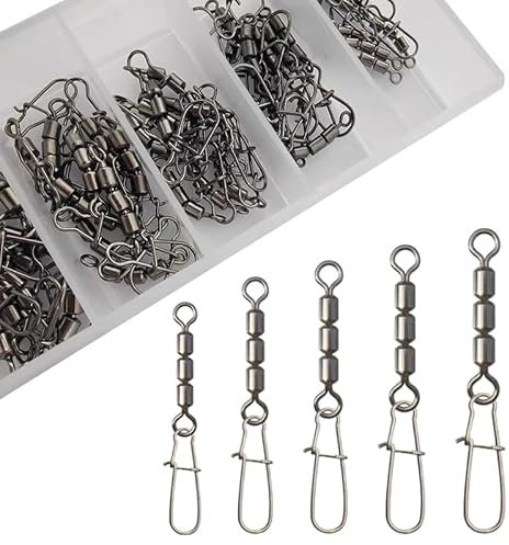 Kemfish 50 Dreifachwirbel Set mit Box 5 Größen Angelwirbel für Forellenangeln & Sbirolino, 8-21 Kg, Robust & rostfrei, Angelzubehör für Raubfisch & Forelle