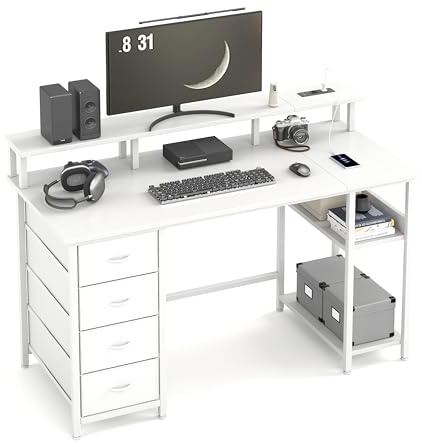 Computertisch 120x50cm Schreibtisch mit 4 Schubladen & Steckdosenleiste, Computertisch mit Monitorablage, kompakter schmaler Bürotisch mit Stauraum für Home Office, Schreibtisch für Arbeit und Gaming
