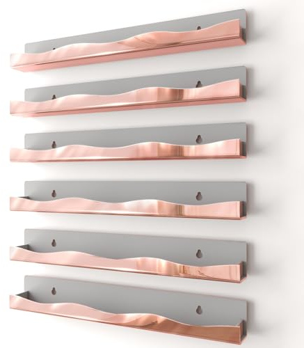 Organizer da parete per smalti, 38,1 cm, finitura oro rosa a specchio, mensola per smalti, trucchi e prodotti di bellezza, espositore multiuso per piccoli spazi, bagno di vanità, confezione da 6