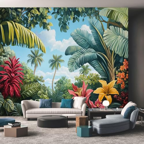 Générique Papier Peint Panoramique Feuilles de Monstera - Papier Peint Feuille de Bananier Palmiers - Deco Chambre Salon - Fresque Murale - Wallpaper - 366x254 cm A434