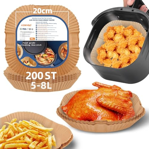 HONYAO Airfryer Bakplåtspapper, 20x20cm non-stick-engångsbruk Papper Liner för Luftsfritös 5-8 L, 200 stycken Fyrkant Pergamentpapper Bakpapper Tillbehör för COSORI,Philips,Cecotec Air Fryer