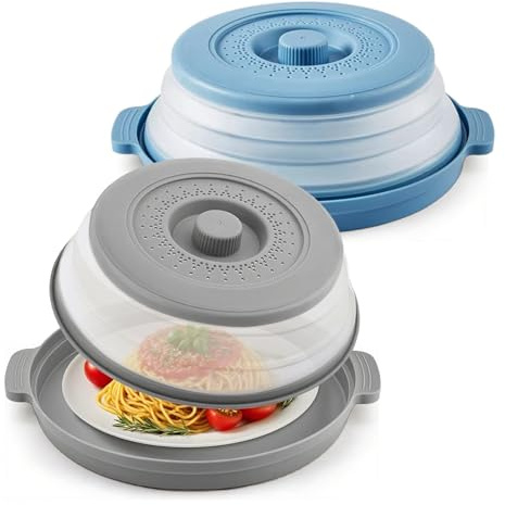 2pcs Collapsible Microwave Cover, Microwave Food Plate Covers with Anti-Scald Base Mat 10.5 Inch Plastic & Silicone Flodable Splatter Cover for Reheating Meal Prep Cooking Storage