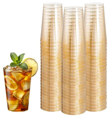 GOMETY 50 stycken premium plastmuggar återanvändbara, 300 ml/10 oz hårdplast mugg festmugg med guldglitter återanvändbara plastmuggar vinglas för fest bröllop födelsedag