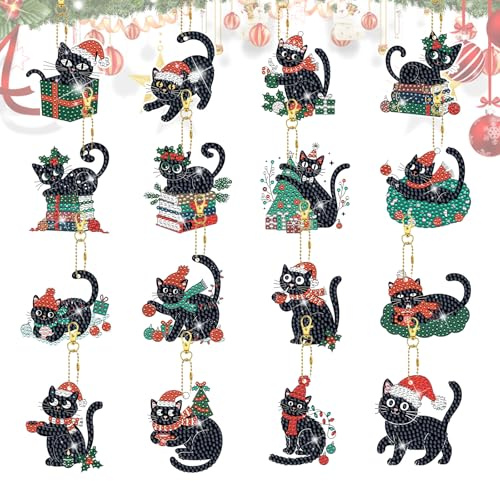 16 Stück Weihnachten 5D Diamond Painting Anhänger,Schwarze Katze Doppelseitig DIY Diamant Malerei Schlüsselanhänger Kits für Kinder Erwachsene,Schlüsselbund Strass Malerei Kunst Ornamente Dekoration