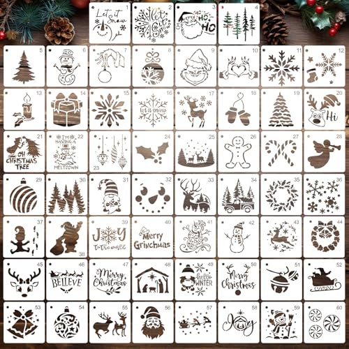 60 Stück weihnachten Schablonen | DIY Weihnachtsmuster-Schablonen für Scrapbooking, Wand und Bodendekoration (3 Zoll)