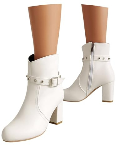 LDXEQIZ 2025 Stiefeletten Mit Niet+ Schnalle Damen PU-Leder Kurz Stiefel Chelsea Ankle Boots Mit Blockabsatz Round Toe Booties Mit Reißverschluss Frauen Elegant High Heels,36-43EU
