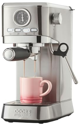 Cooks Professional 20 Bar Espresso Coffee Machine with Steam Wand, 1L Water Tank & Stainless-Steel Drip Tray | Compact & Stylish Barista-Style Coffee Cappuccino Latte Macchiato Maker | 1350W | Silver