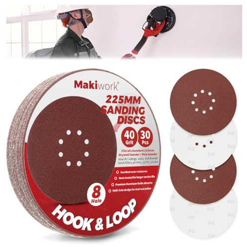 Makiwork Lot de 30 Disques Abrasifs 225 mm Grain 40 – 8 Trous – Auto-Agrippants – pour Ponceuse Girafe – Idéal Ponçage Mur, Placo et Cloisons Sèches