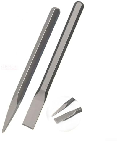 Heat treated alloy steel masonry chisel with flat and pointed heads, suitable for cutting cement, bricks, stone, and concrete, equipped with a hexagonal non slip grip handle (2PCS)