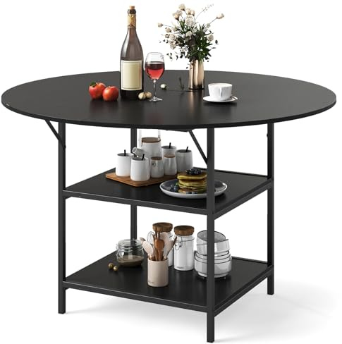 LIFEZEAL - Mesa de comedor redonda moderna, 120 cm mesa de cocina con estante de almacenamiento de 2 niveles para 4 a 6 personas, marco de metal resistente para hogar, salón y restaurante (Negro)