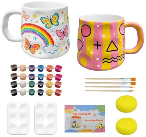 Kit Peinture sur Tasse avec Tasses Blanches à Décorer, Couleurs, Pinceaux, Éponge, Guide, Kit de Peinture sur Céramique pour Adultes Enfants, Kit Mug à Peindre, DIY Mug Tasse à Peindre pour Débutants