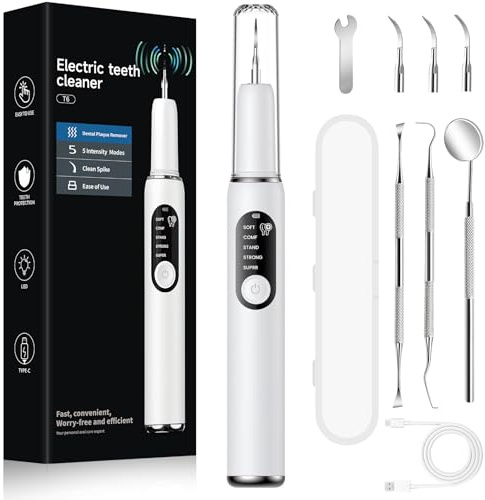 FIVAVA Dental Cleaning Set Tartar Remover for Home Dental Care, Dental Cleaning Set has 5 Adjustable Modes and 4 Interchangeable Cleaning Heads for Humans and Dogs, White