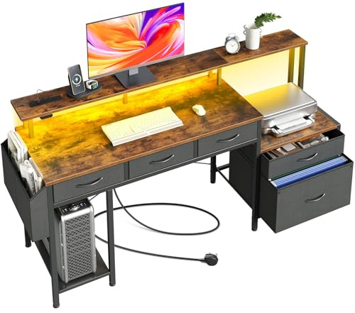Rolanstar Schreibtisch mit Steckdose, Computertisch mit 5 Schubladen, LED, Aufbewahrungstasche & Monitorständer, Moderner Eckschreibtisch für Homeoffice & Gaming (Vintagebraun)