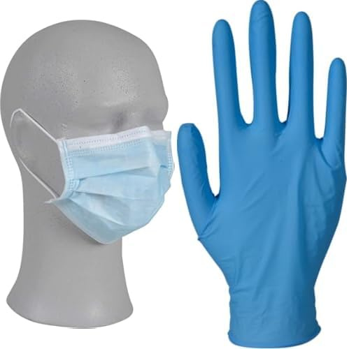 Bundle of Abena Type IIR Disposable Face Mask with Ear Loops - Pack of 50 + ABENA Blue Disposable Gloves, Large size, Pack of 50 Pairs, Nitrile Gloves