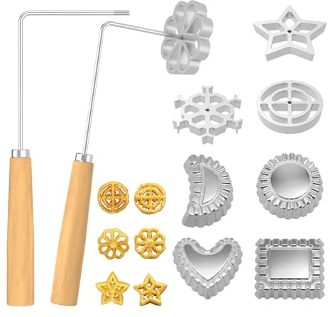 10Pcs Rosette Iron,Bunuelos Mold with Handle Cooking Stamp Maker Kit,Rosette Cookie Double Iron,Square,Round,Heart,Flower,Snowflake,Pentagram Shape Mold Baking Set Gifts for Women,Mom,Chefs(silver,10)