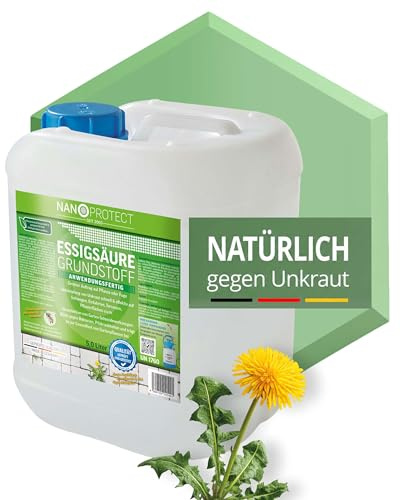 Nanoprotect 5L Unkrautvernichter Grundstoff Essig - Biologisch abbaubar | Vinegar E 260 Lebensmittelqualität | Essigsäure | Natürlicher Unkraut-Stopp für Wege, Pflaster, Hof | Essigreiniger Acetum