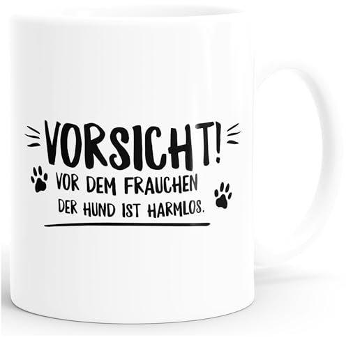 MoonWorks Vorsicht vor dem Frauchen der Hund ist harmlos! Kaffee-Tasse mit Spruch glänzend weiß unisize