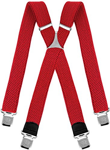 Mens braces wide adjustable and elastic suspenders X shape with a very strong clips Heavy duty (Red)